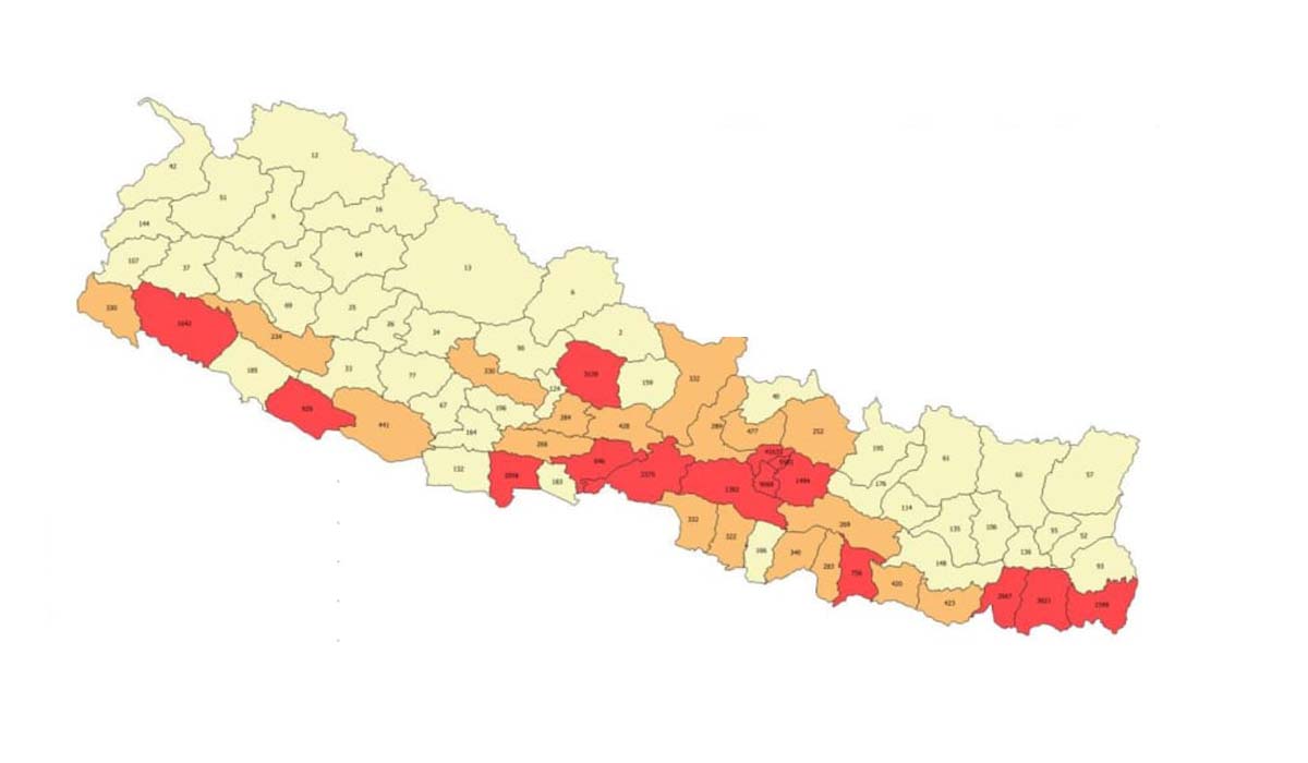 ११ दिनमै थपिए एक लाख संक्रमित, १५ जिल्ला 'रेड जोन'मा